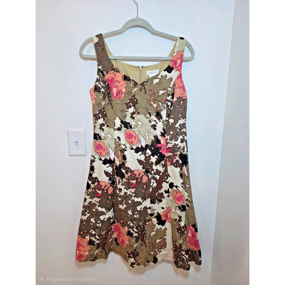 Kate Hill Tan Linen Floral Rose Dress Size 6 Small Pockets